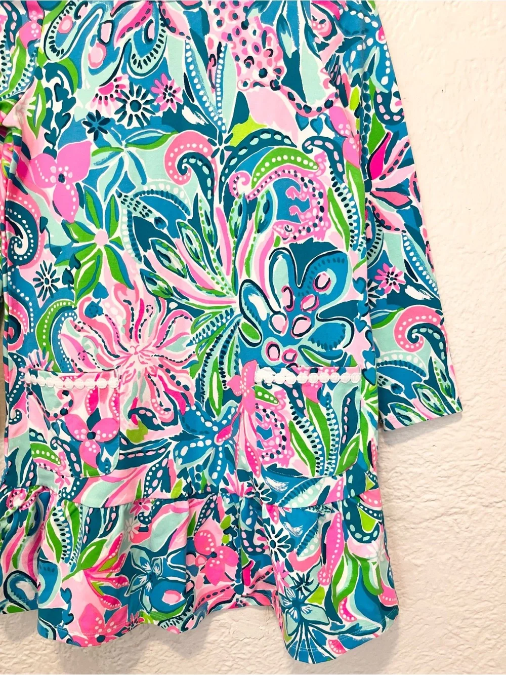 Lilly Pulitzer XL Dress Blue Pink Floral Vira Tropical Long Sleeve